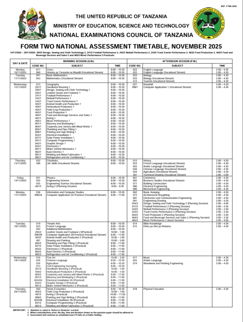 Ratiba ya Mtihani wa Kidato cha Pili (FTNA) 2025 NECTA