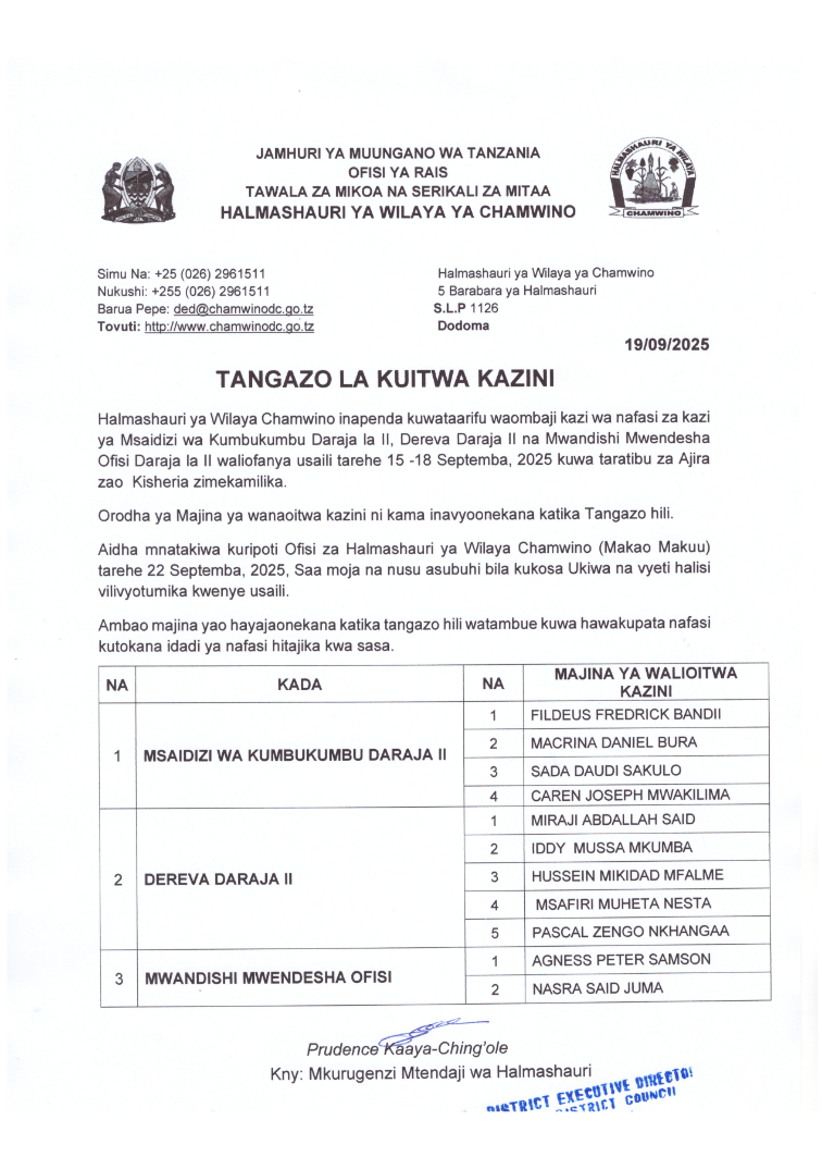 Kuitwa kazini Wilaya ya Chamwino 2025