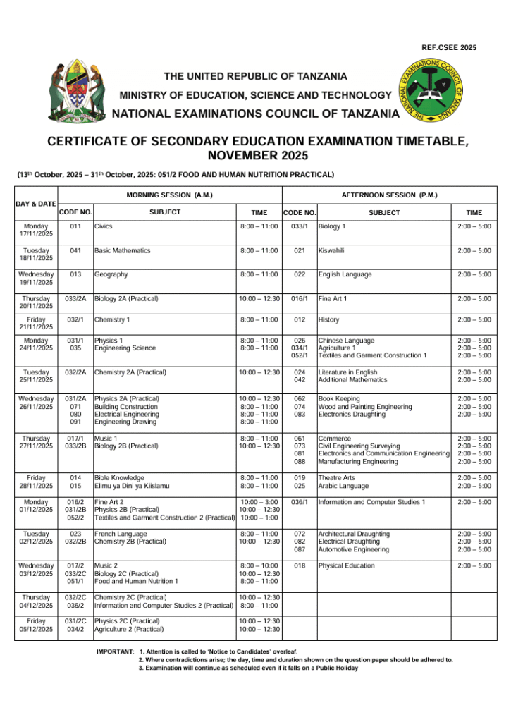 Ratiba ya Mtihani wa Kidato cha Nne 2025
